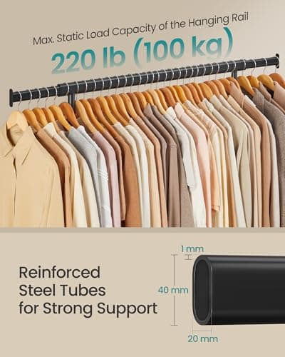 SONGMICS Portable Clothing Rack with Wheels, 220 lb Capacity, Extends Up to 52"