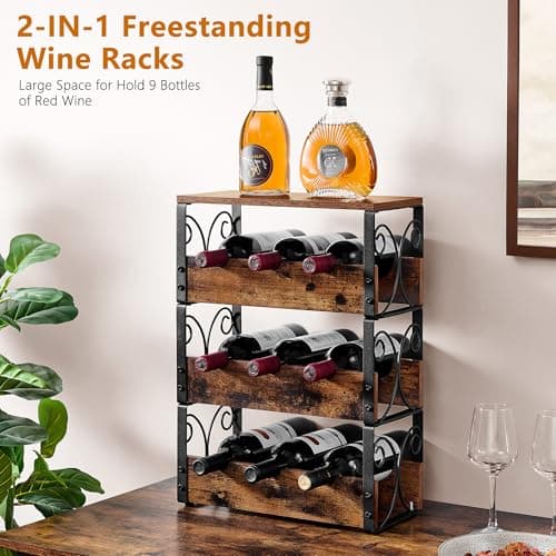 Stackable 3-Tier Wine Rack for Countertop - Freestanding Floor Holder for 9 Bottles with Liquor Shelf