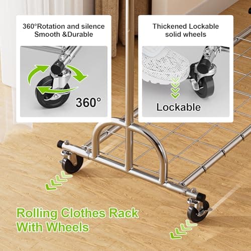 Sturdy 176lbs Capacity Collapsible Metal Rolling Clothes Rack, SilverChrome