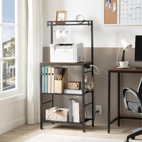Rustic Brown Bakers Rack with Power Outlet & 6 Hooks for Kitchen BRHR36E01