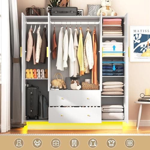 White 4 Door Armoire Wardrobe with LED Mirror and Storage
