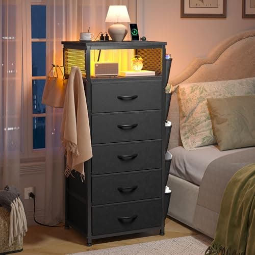 EnHomee Black Nightstand with Charging Station & 5 Drawer Dresser