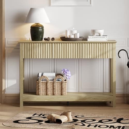 Treocho 47" Fluted Console Table with 3 Drawers, Oak Storage Foyer Table for Entryway, Living Room