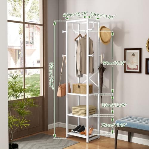 IBUYKE White Freestanding Coat Rack with 3 Shelves and 8 Hooks UTMJ088W