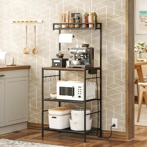 Rustic Brown Bakers Rack with Power Outlet & 6 Hooks for Kitchen BRHR36E01