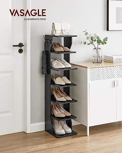 VASAGLE Narrow 7-Tier Shoe Rack with Hooks, Slim Corner Storage, Black ULBS200T16