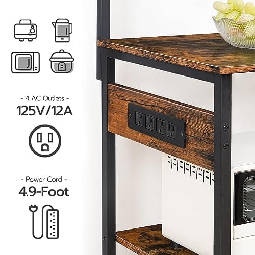Rustic Brown & Black HOOBRO 6-Tier Bakers Rack with Power Outlets & Wire Basket