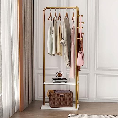 Heavy Duty Gold Metal Clothing Rack with Marble Base for Organizing Clothes, Coats, Bags, Skirts, Shirts