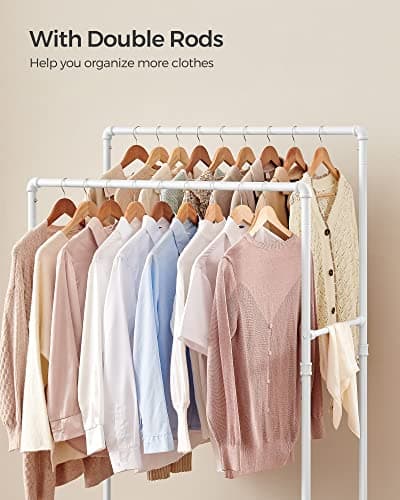 SONGMICS Heavy-Duty Double-Rod Clothes Rack, White with Casters Brakes