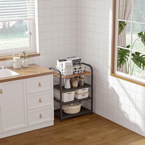 Rustic Wooden Top 4-Tier Shoe Organizer with Guardrails & Metal Mesh Shelves