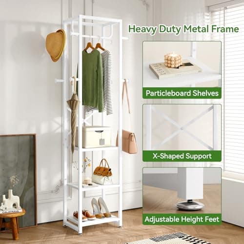IBUYKE White Freestanding Coat Rack with 3 Shelves and 8 Hooks UTMJ088W