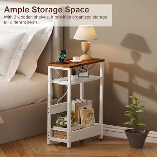 IBUYKE Narrow Side Table Set of 2 with Charging Station, White and Brown UTMZ006W-2