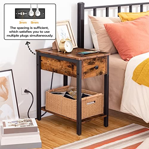 HOOBRO Rustic Brown & Black End Table Set, Charging Station, Drawer Storage, Small Spaces BF041BZP201