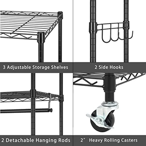 Finnhomy Heavy Duty 3-Tier Metal Clothes Rack with Lockable Wheels