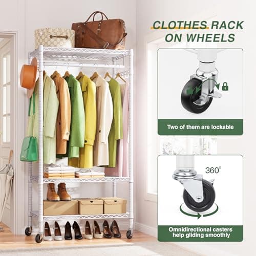 Heavy Duty 3-Tier Rolling Clothes Rack with Storage Shelves and Lockable Wheels - White.