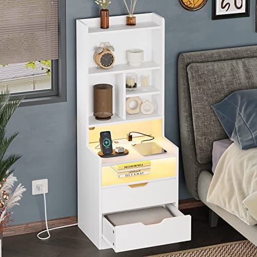 ADORNEVE Tall Night Stand with Charging Station & LED Lights, White with Bookshelf & Drawers