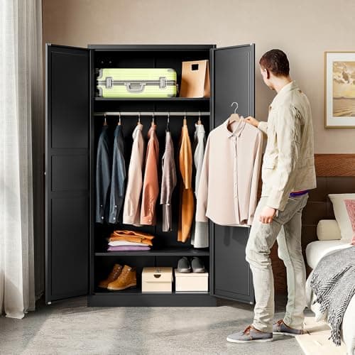 Black Metal Armoire Wardrobe 72" with Doors & Hanging Rail (Assembly Required)