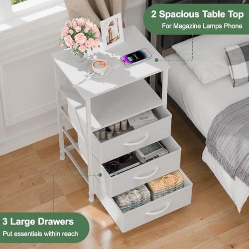 White Nightstand with LED Light, 3 Fabric Drawers for Small Spaces