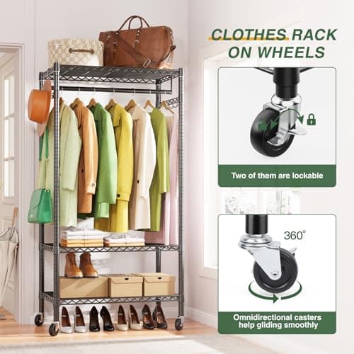 LEHOM G1M Heavy Duty 3-Tier Rolling Clothes Rack with Storage