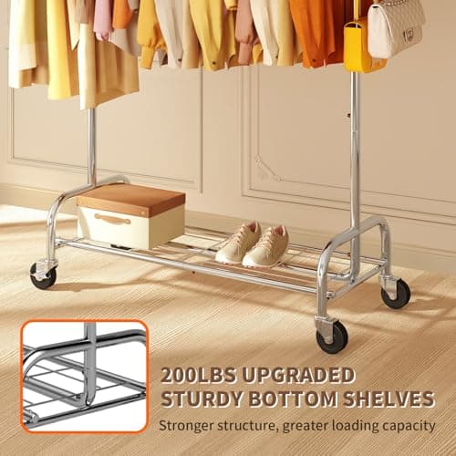 Sturdy 450 LBS Standing Rollable Clothes Rack, Silver Metal Closet Wardrobe