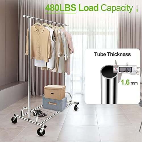 Sturdy 75" Collapsible Metal Rollable Clothes Rack, 480LBS Capacity, Chrome Silver