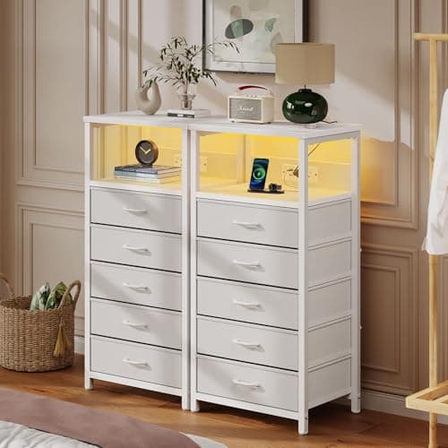 White Nightstand with 5 Fabric Drawers & Charging Station