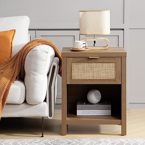 SICOTAS Farmhouse Nightstand Set - Oak Drawer & Storage Shelf - Boho Bedroomaccent