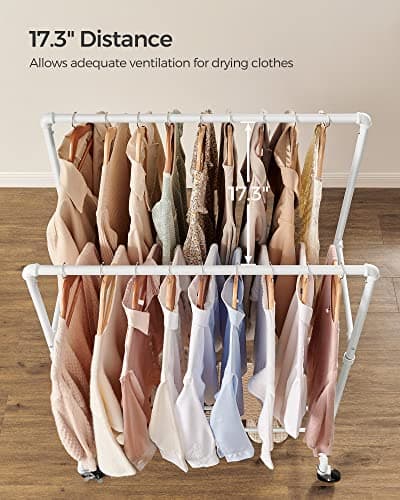 SONGMICS Heavy-Duty Double-Rod Clothes Rack, White with Casters Brakes