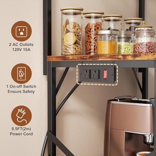 Rustic Brown 4-Tier Bakers Rack with Power Outlet & Storage
