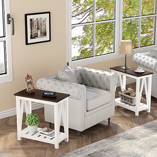 ChooChoo Farmhouse End Table Set of 2, Rustic White Storage Shelf for Living Room, Bedroom