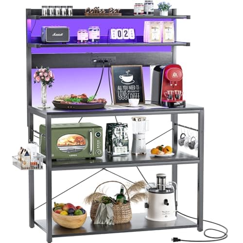 Aheaplus Black Kitchen Bakers Rack with Power Outlet & LED Lights, 5 Tiers Coffee Bar Stand