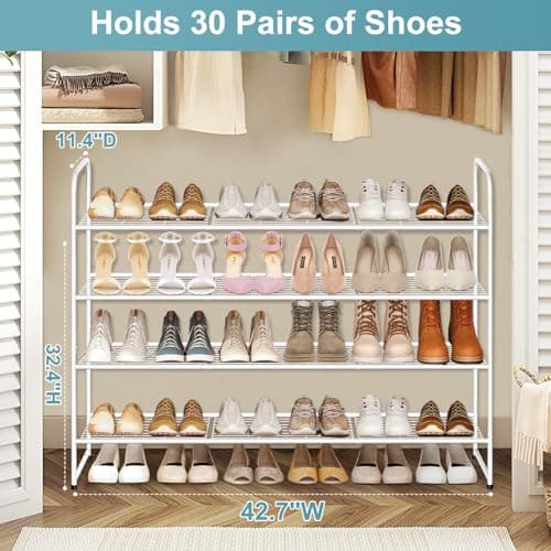 4 Tier Wide Stackable Shoe Rack for Closet with Wire Grid Shelf, White