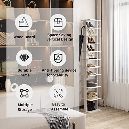 HOMEFORT 10-Tier Vertical Shoe Rack, White Storage Stand for Entryway Closet