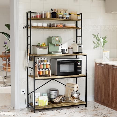 YESHOMY Heavy Duty 5-Tier Baker’s Rack with Power Outlet & Hooks, Spices Storage Shelf, Rustic Brown