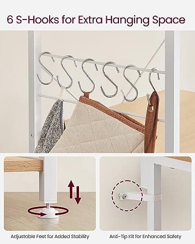 Kitchen Storage Rack with Wire Basket, 6 Hooks, and Shelves