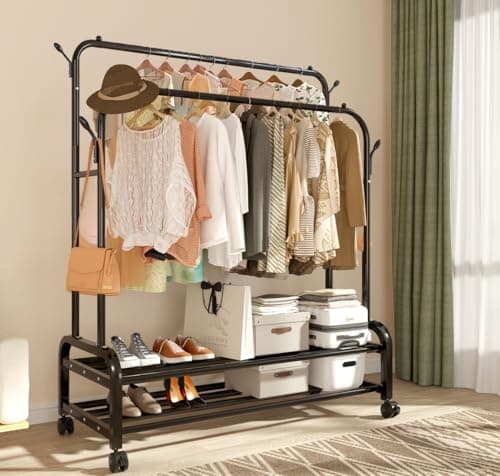 Sturdy Metal Double Rodding Clothes Rack with Wheels & Shelves, Black