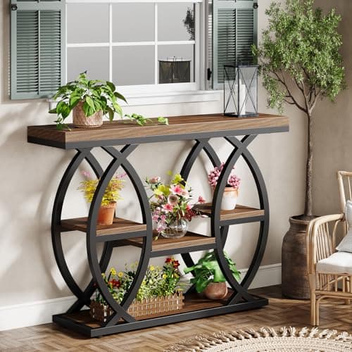 Tribesigns Industrial 4-Tier Console Table with Storage, Rustic Brown, Narrow Wood & Metal Frame