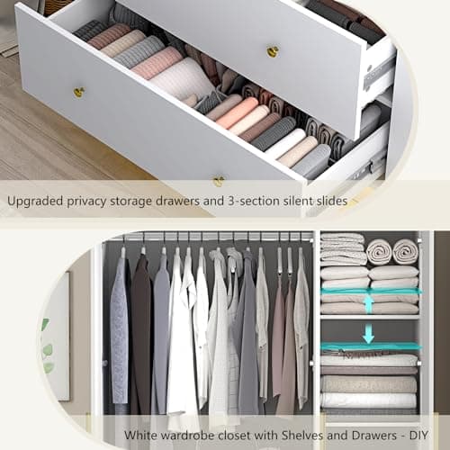 Modern White 3 Door Wardrobe with Mirror & LED Lights, Bedroom Armoire Drawers & Shelves