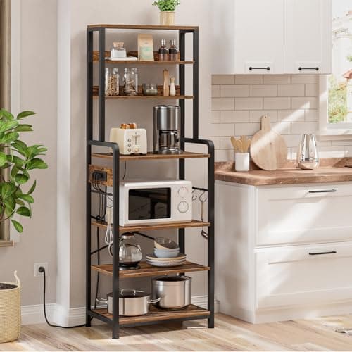 HOOBRO 7-Tier Brown Bakers Rack with Power Outlet & Hooks, Microwave Stand