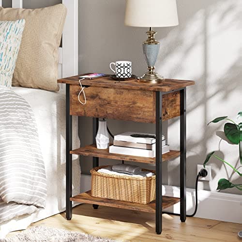 HOOBRO Flip Top Nightstand with Charging Station, Rustic Brown BF341BZP