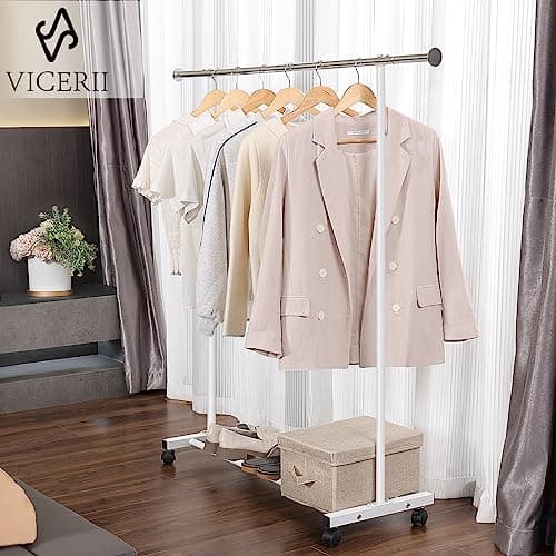 Heavy Duty Clothes Rack with Wheels, 130LB Capacity, 52.17 Inch Rolling for Hanging Clothes, Coats, Shirts, Sweaters, Skirts - White