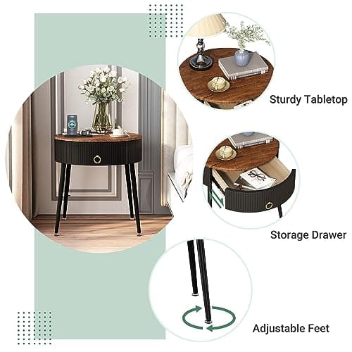 OIOG Modern Brown and Black Side Table Set, Round Nightstand with Drawer