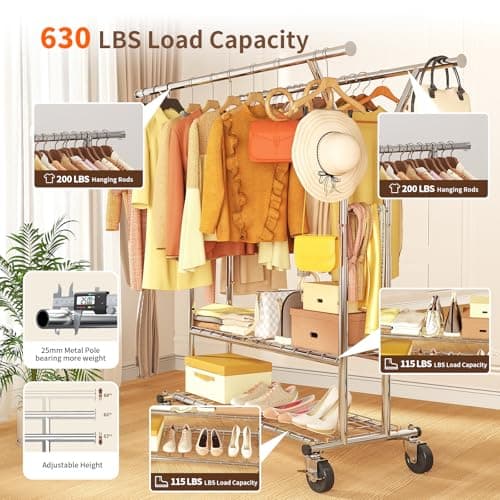 Heavy Duty 620LBS Collapsible Clothing Rack with Wheels, CR-Y