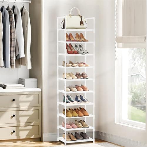 Barsone 10-Tier Shoe Organizer, Space-saving White Stand for Closets and Hallways