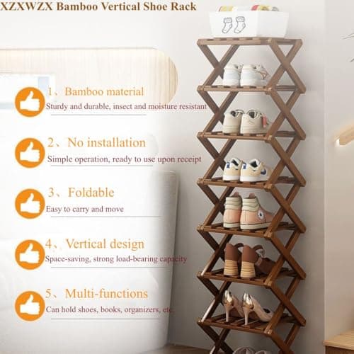 Bamboo Foldable Shoes Organizer, 4 Layers, Natural Brown | Versatile Storage Solutions