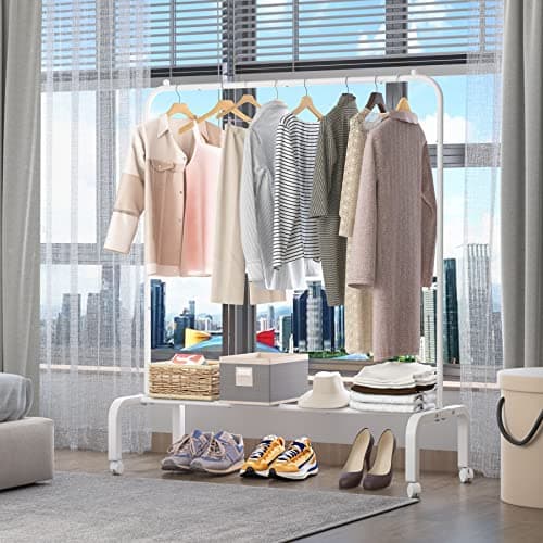 White Metal Rolling Clothes Rack with Bottom Shelf