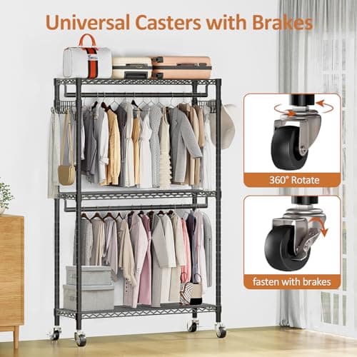 Heavy Duty 3 Tiers Garment Rack with Hanging Rods & Hooks, Black