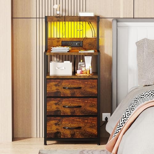 Rustic Brown Nightstand with Charging Station and Storage