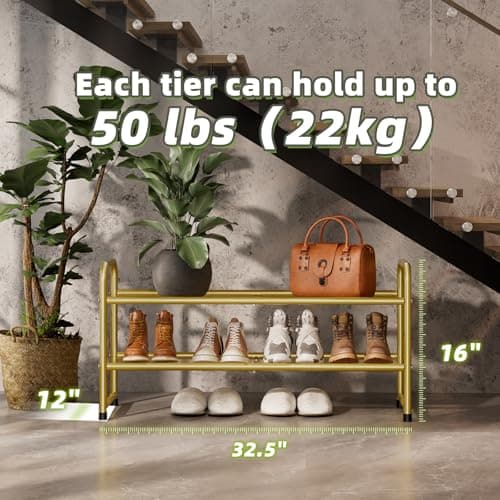 Gold 2 Tier Metal Shoe Organizer, 32" Heavy Duty Closet Rack
