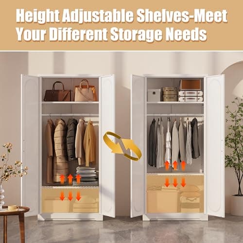 71" Tall White Metal Storage Cabinet with Hanging Rod and Shelves, Ideal for Bedroom, Armoire or Bathroom